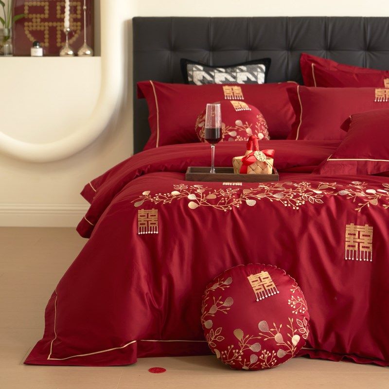 100支纯棉婚庆刺o绣四件套全棉中式长绒棉红色结婚被套床上用品