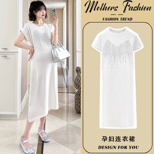 孕妇连衣裙2025新款夏白色短袖薄款时尚宽松显瘦圆领中长款T恤裙
