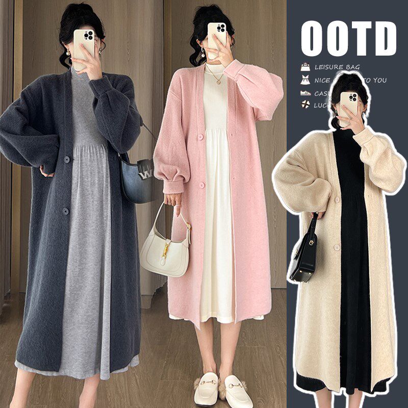 孕妇装秋冬大码时尚开衫长款毛衣外套高品质针织连衣裙套装200斤