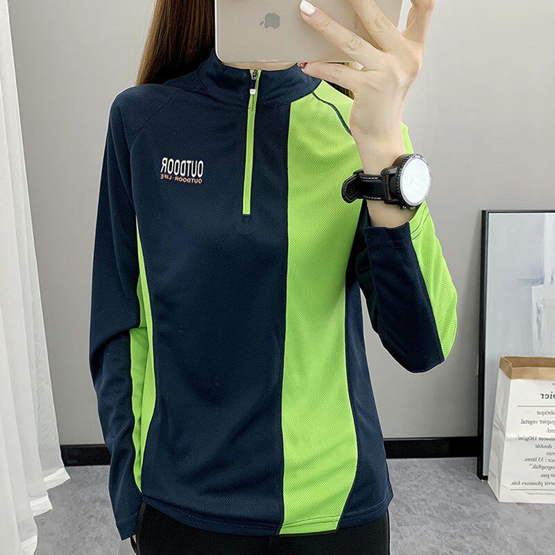 速干 干a衣女秋户外登山徒步健身长袖T恤晨练运动透气排汗立领快