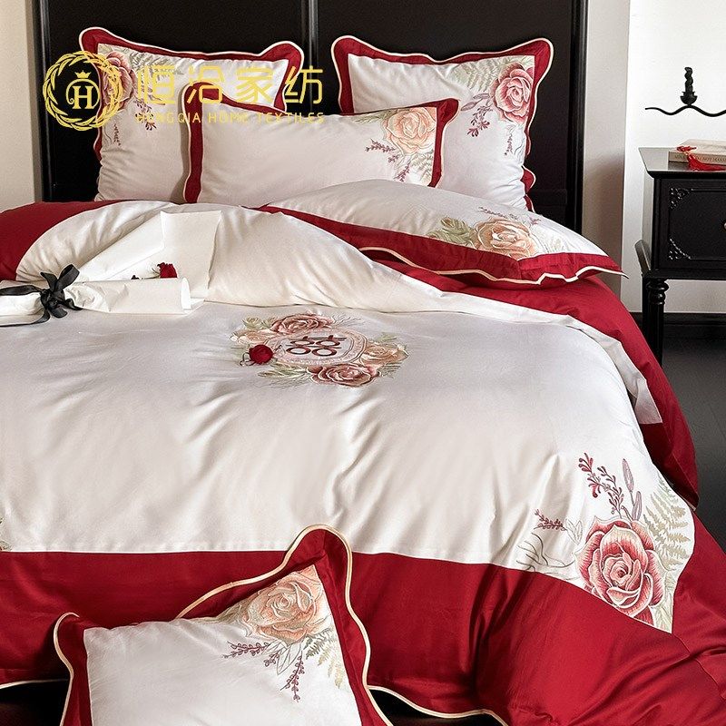 浪漫婚庆长绒棉全棉四件套高精z密花卉刺绣结婚被套床上用品红白