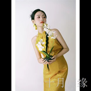 晨袍新中式旗袍孕妇高级甜美针织黄色中国风连衣裙写真照旗袍服装