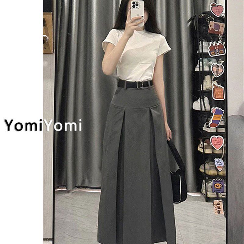 梨形身材半身裙女夏薄款胖妹妹mm高腰显瘦遮胯a字长裙西装百褶裙