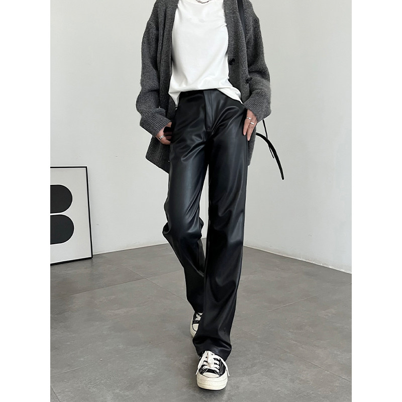 黑色皮裤女2023新款秋款高腰显瘦高级感紧身弹力加绒阔腿直筒裤子,女装/女士精品,休闲裤,淘宝优惠券,粉丝福利购,淘宝优惠卷