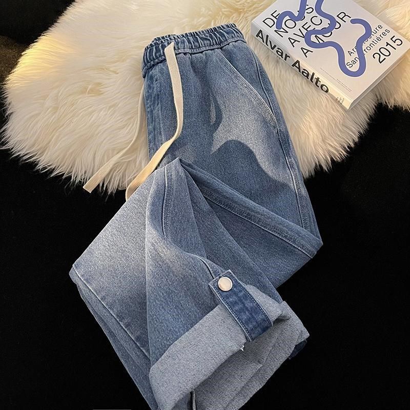 特大码300斤卷边牛仔裤男女装夏季复古百搭宽松休闲直筒阔腿裤子2