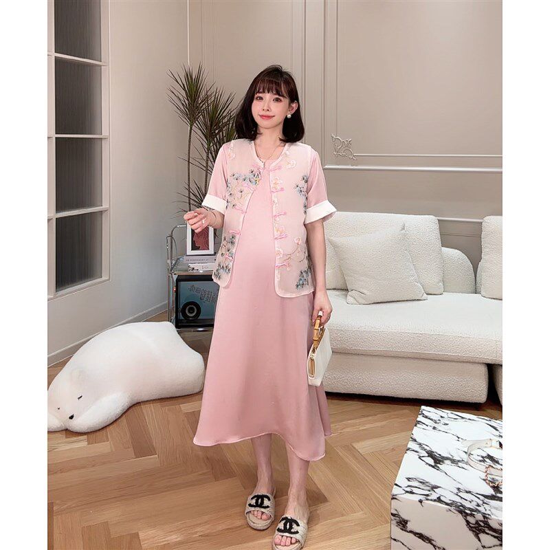 【茵梦花时】娜娜的孕期穿搭夏款洋气孕妇连衣裙新中式马甲套装