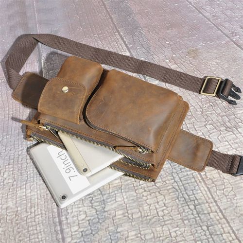 新款疯马皮复古胸包男包真皮单肩斜挎包牛皮机车包做旧腰包运动