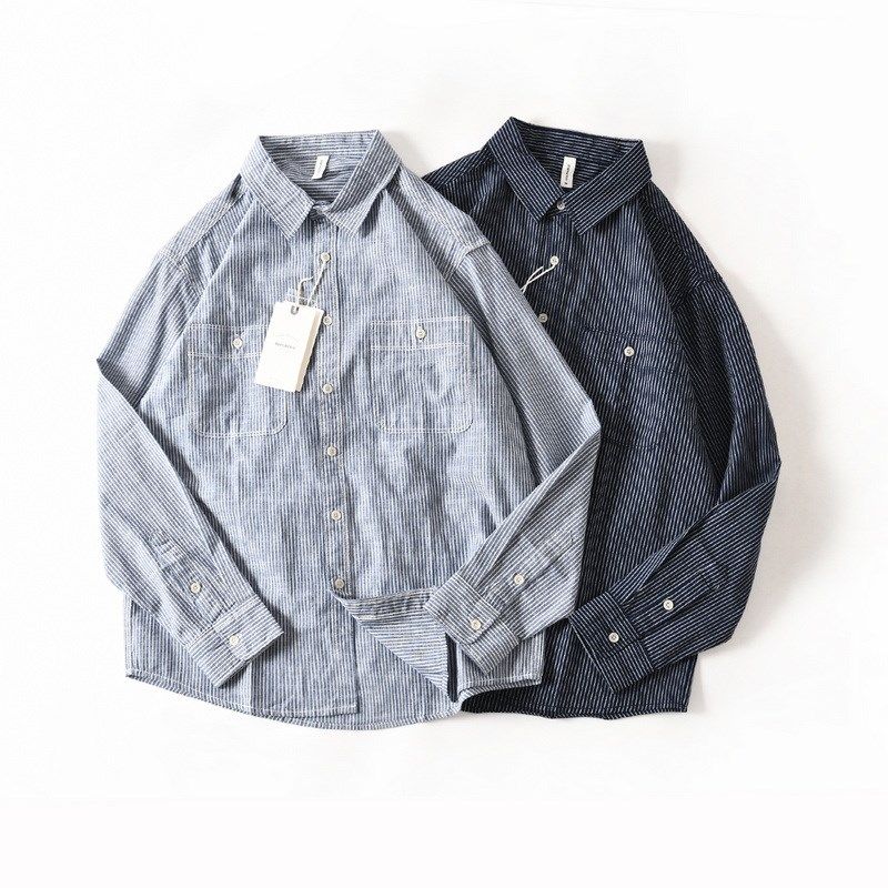 新款纯棉水洗细条纹宽松休闲翻领长袖衬衫男士秋季工装衬衣外套潮