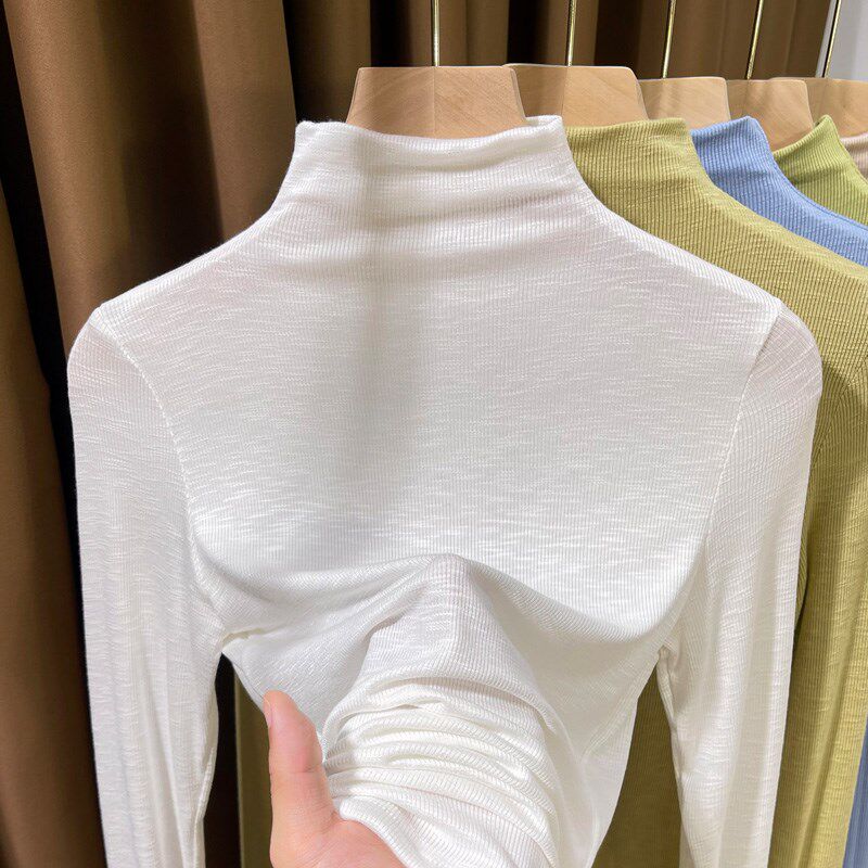 白色薄款针织衫女长袖春秋新款半高领螺纹打底衫毛衣叠穿内搭小衫