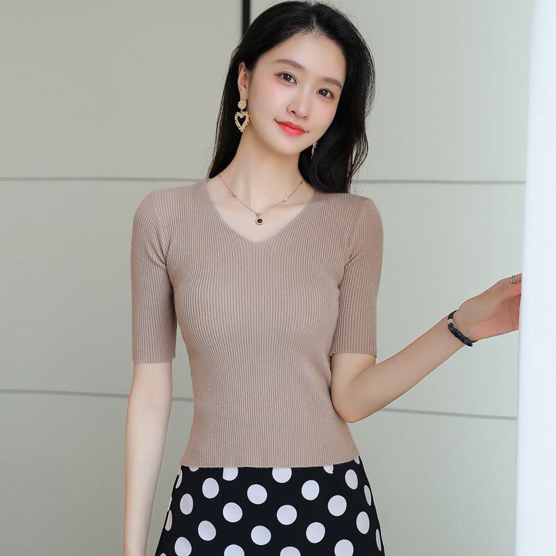 V领薄款针织衫女半袖2025春季新款女装 小个子短款上衣中袖打底衫