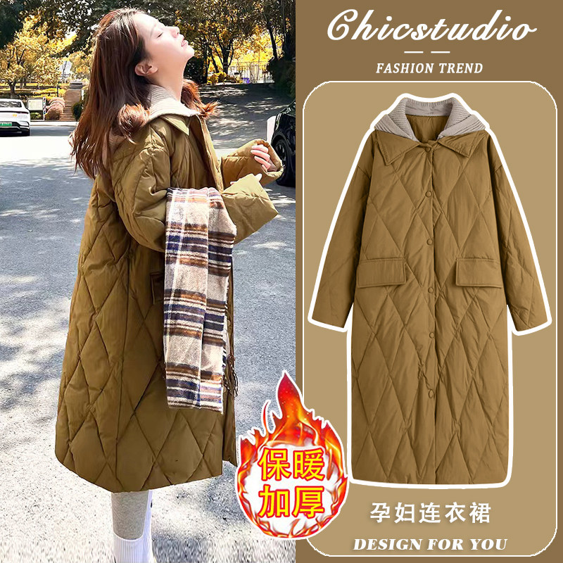 孕妇外套秋冬2023新款咖啡色加厚保暖羽绒服宽松休闲上衣中长版女