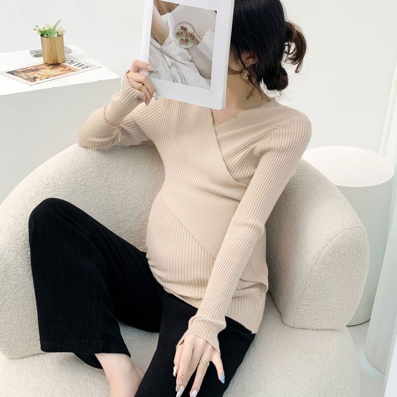 孕妇秋冬款打底衫弹力修身交叉V领针织衫上衣长袖孕妇内搭毛衣冬