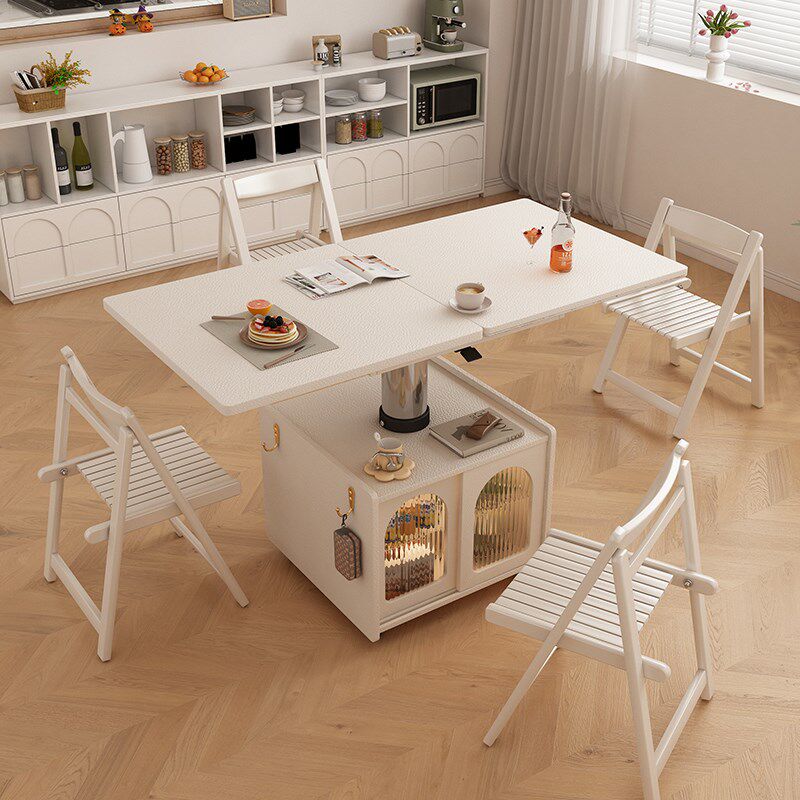 小户型餐桌两用饭桌一体岩板洽谈桌轻奢高级感可升降1米4吃饭台白