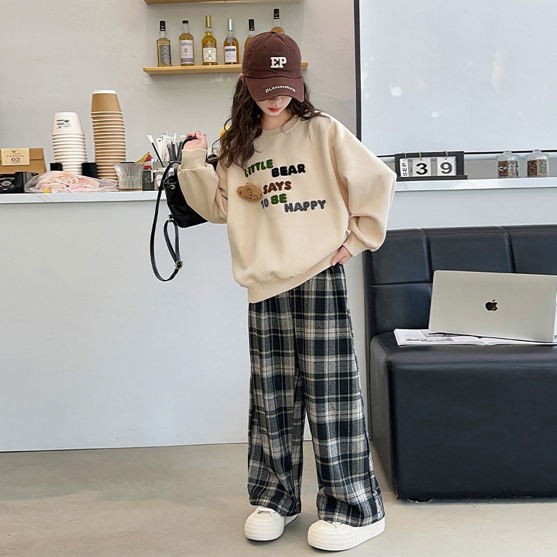 女童秋装套装2024新款时尚洋气女孩春秋休闲儿童卫衣格子裤两件套