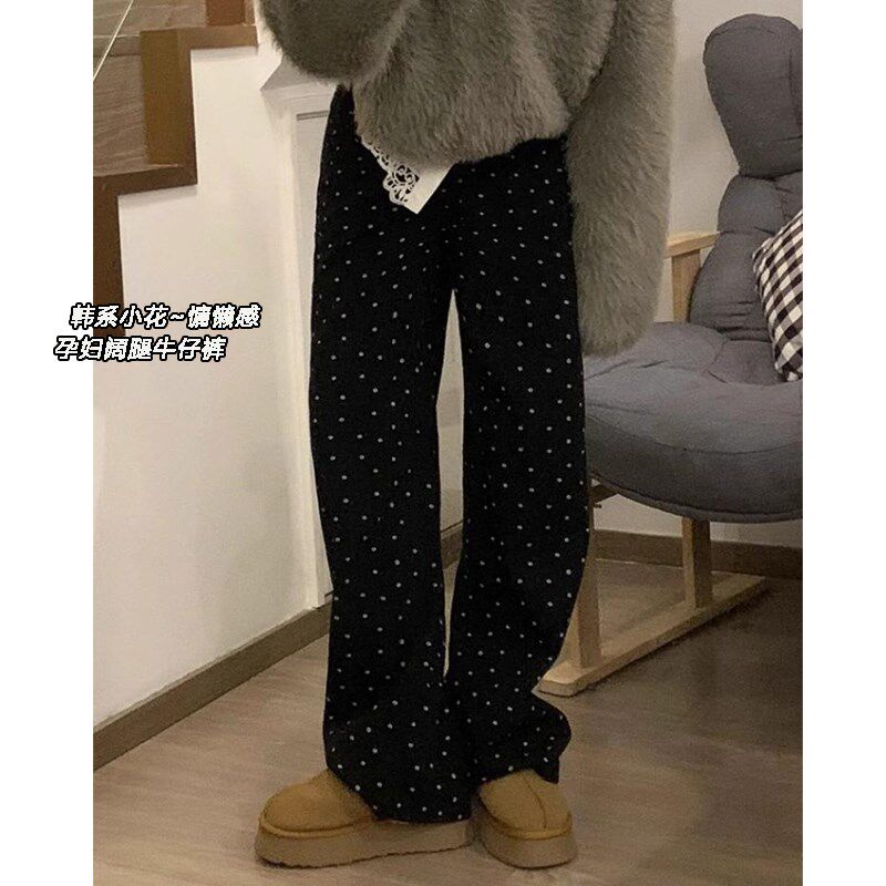 孕妇牛仔裤秋冬外穿黑色显瘦韩系小花时尚宽松阔腿裤托腹直筒长裤