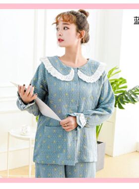 女春秋款纯棉纱布蕾丝长袖长裤家居服哺乳月子服印花套装外穿睡衣
