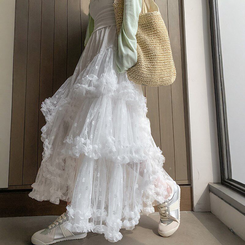 白色蕾丝半身裙女春秋2025新款a字纱裙伞裙甜美公主蓬蓬蛋糕长裙
