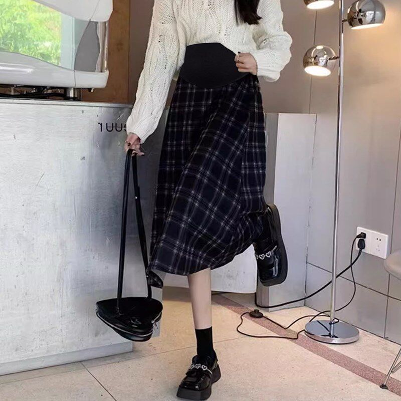 秋冬新款孕妇半身裙外穿宽松加厚格子显瘦中长款百搭毛呢裙托腹裙