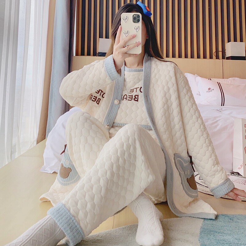 三件套月子服秋冬季纯棉产後哺乳孕妇睡衣女春秋冬款空气棉家居服