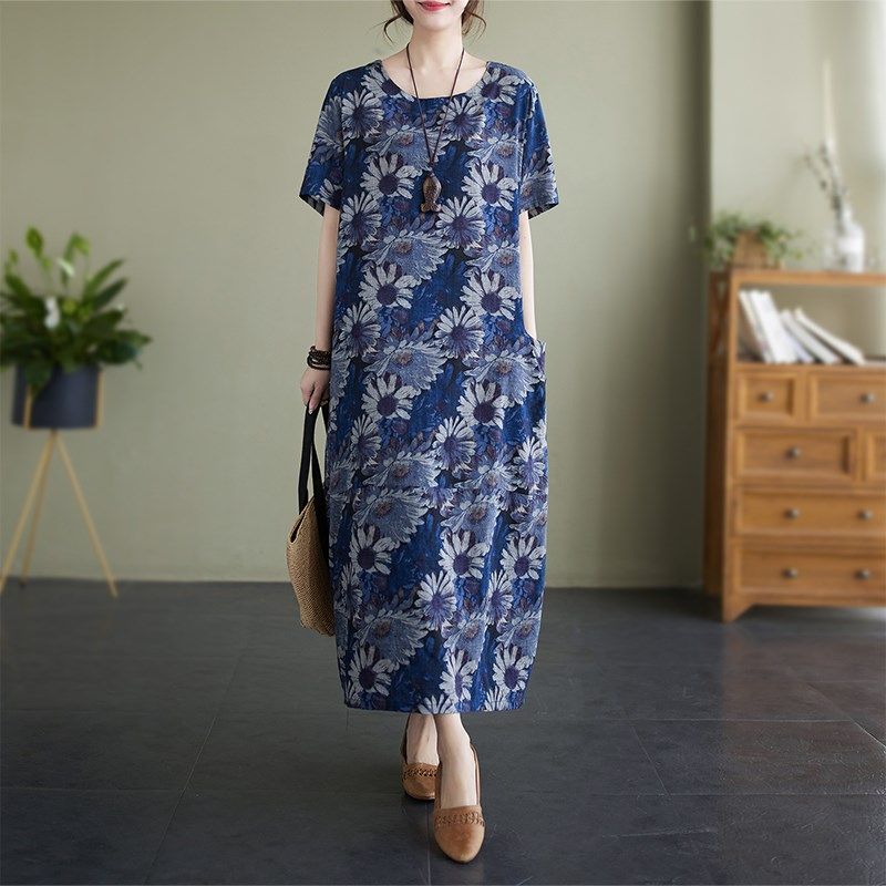 2023短袖复古连衣裙棉麻印花宽松长袍圆领裙子妈妈装民族风大码,女装/女士精品,连衣裙,淘宝优惠券,粉丝福利购,淘宝优惠卷