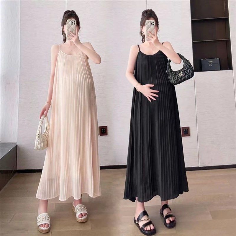 大码孕妇连衣裙高级感夏季薄款雪纺长裙宽松200斤减龄吊带裙套装
