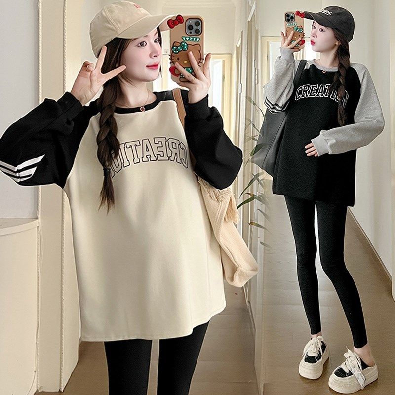 大码孕妇卫衣秋装套装中长款长袖T恤上衣女拼接潮妈宽松显瘦200斤
