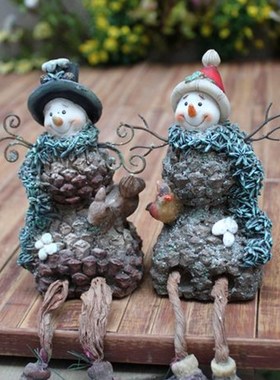外贸树脂b美式乡村树脂松果立体圣诞节雪人吊脚娃娃情侣工艺品摆