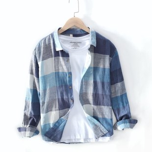 亚麻格子防晒衬衫男薄款长袖夏季宽松棉麻上衣夏天轻薄衬衣外套潮