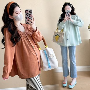 大码孕妇衬衫春秋装长袖甜美减龄娃娃衫小个子宽松遮肚上衣200斤