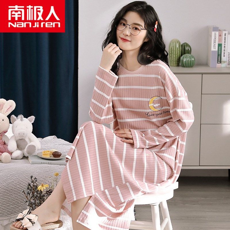 长袖睡裙女春秋季纯棉长款韩版大码条纹连衣裙长裙睡衣女2024新款,女士内衣/男士内衣/家居服,睡裙,淘宝优惠券,粉丝福利购,淘宝优惠卷