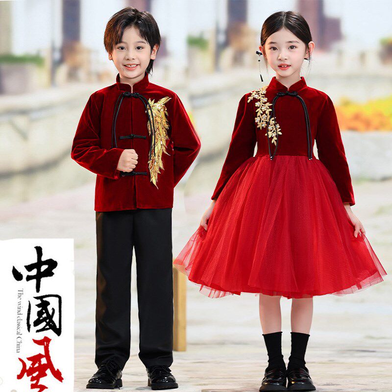 元旦儿童红色歌唱祖国朗诵合唱演出服军民大生产男女演讲比赛服装