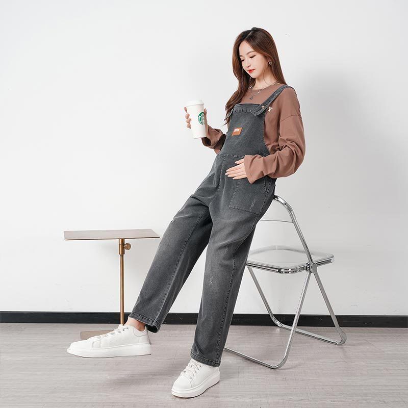 加肥加大码孕妇装背带裤宽松显瘦潮妈阔腿牛仔裤春秋季新款长裤