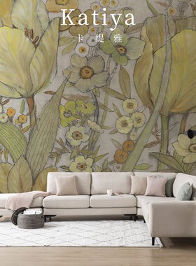 定制手绘欧式黄色花朵电视背景墙壁C纸沙发影视墙布卧室艺术3D壁