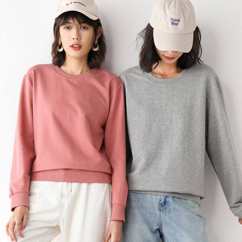 纯棉情侣卫衣女春秋2020新款女装宽松白色圆领毛衣纯色打底上衣潮