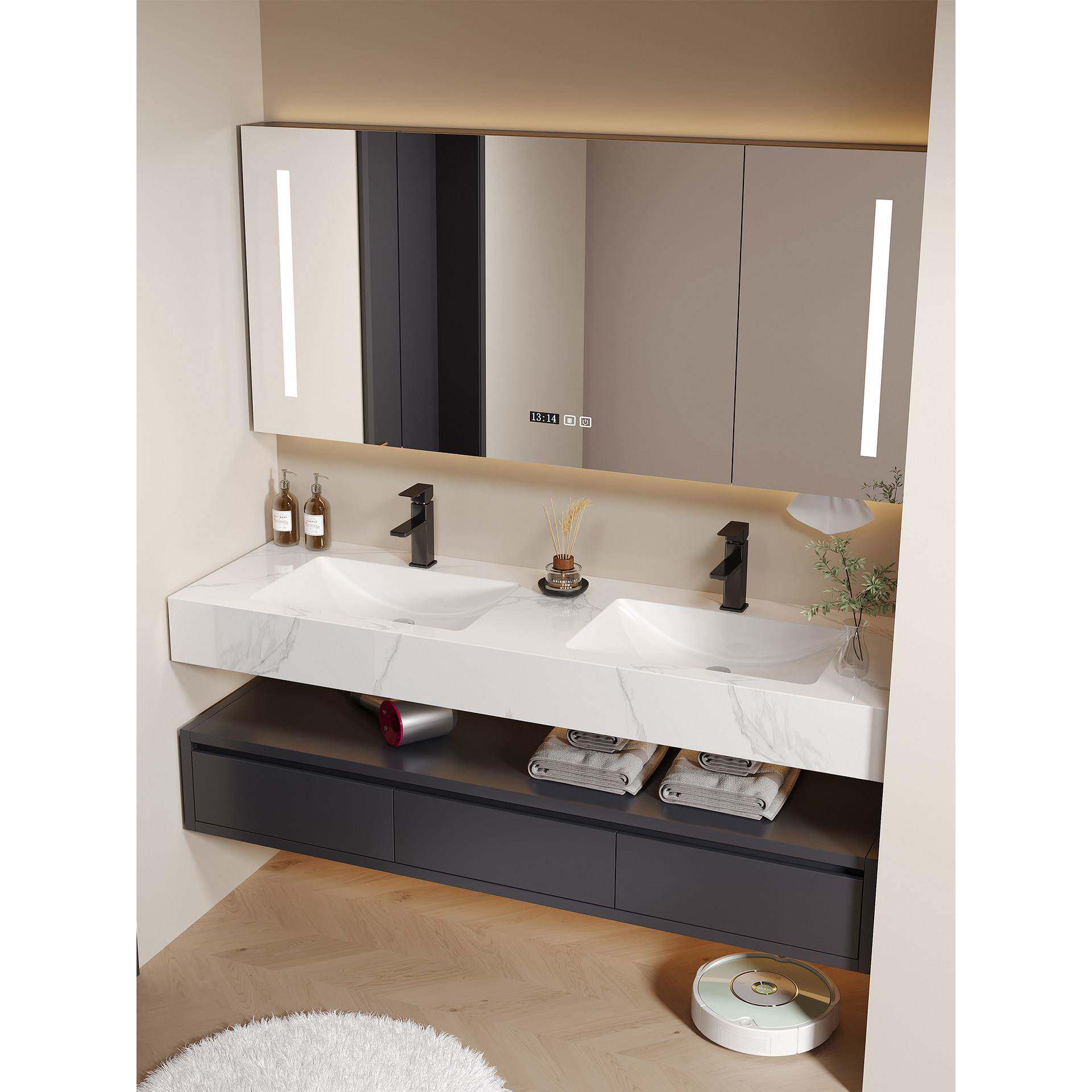 现代简约岩板无缝盆卫生间浴室柜组合洗手洗脸盆双盆大户型洗漱台