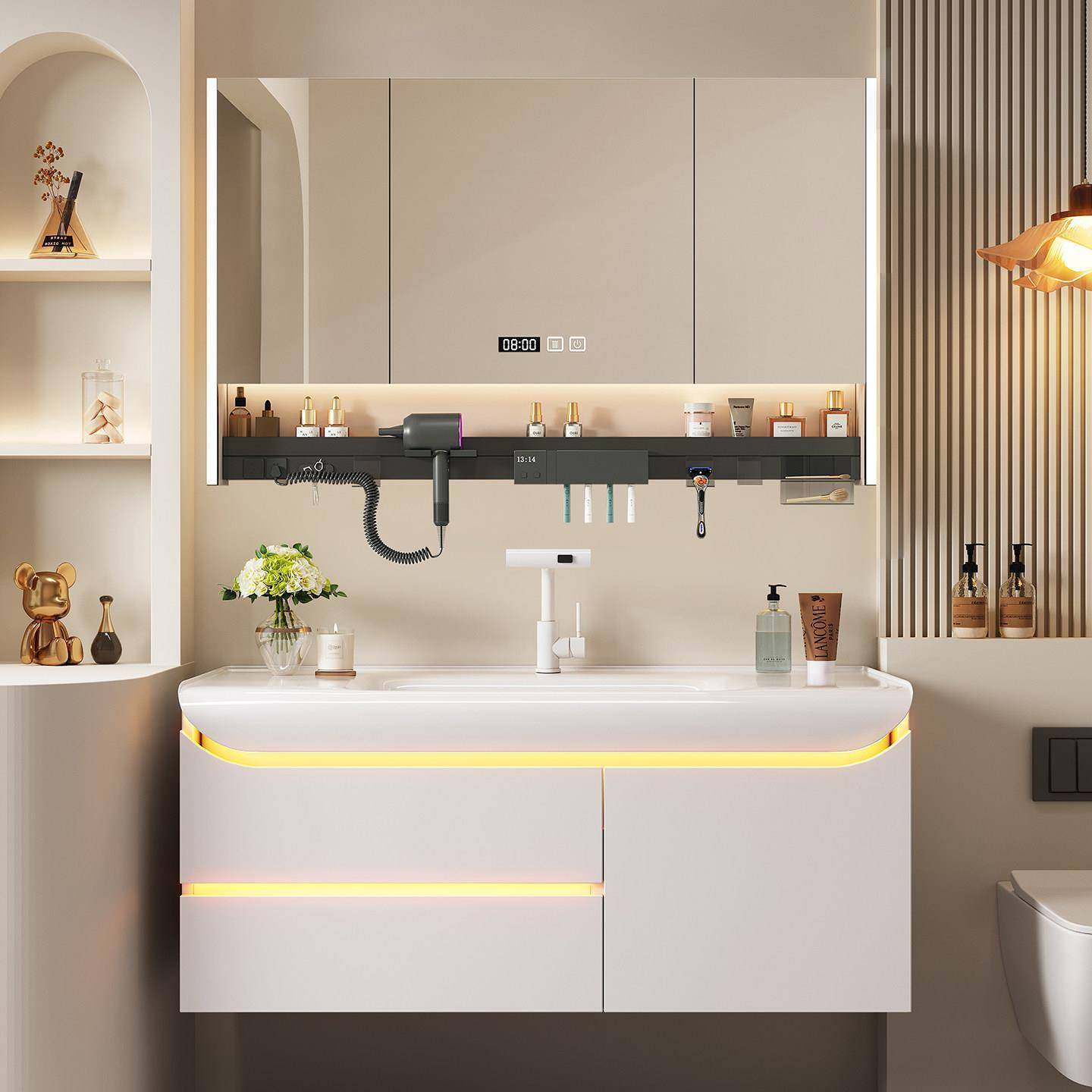 新款现代简约智能组合实木浴室柜卫生间肤感一体盆洗脸洗手洗漱盆,家装主材,浴室柜组合,淘宝优惠券,粉丝福利购,淘宝优惠卷