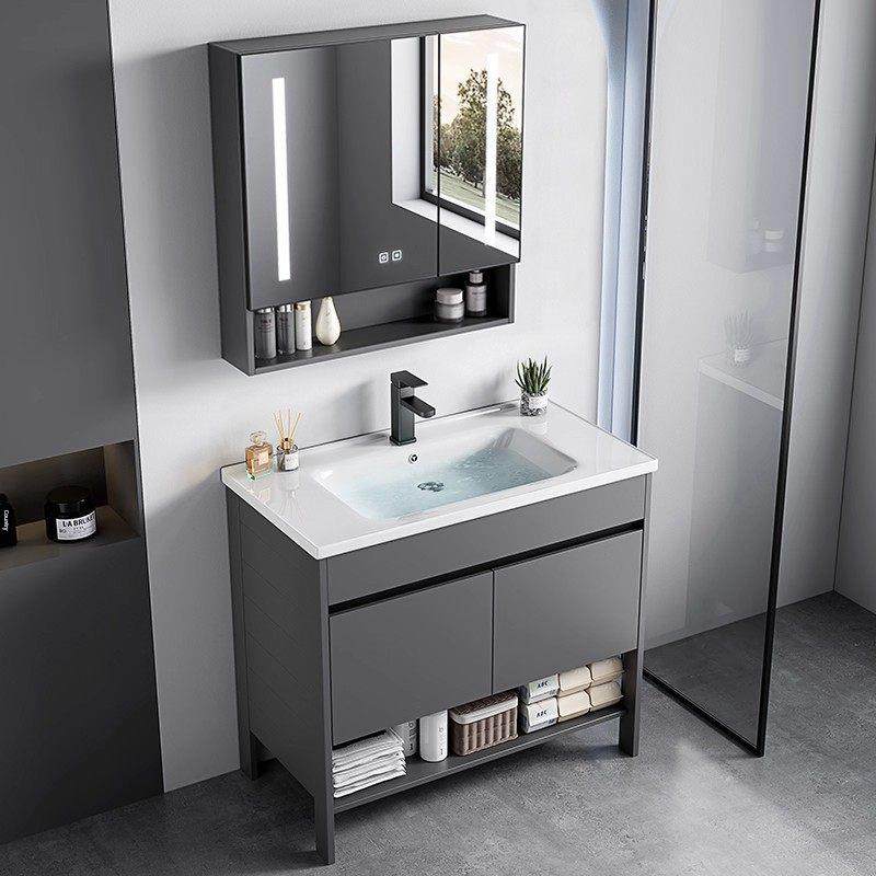 新款简约落地深灰空格储物收纳浴室柜质感一体陶瓷洗漱盆镜柜组合,家装主材,浴室柜组合,淘宝优惠券,粉丝福利购,淘宝优惠卷