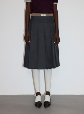 UN MUTE25FW 进口精纺美利奴羊毛双腰头设计倒褶小A摆廓形半身裙