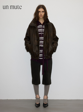 UN MUTE25FW 复古做旧手工擦色pu皮夹克翻领皮衣外套