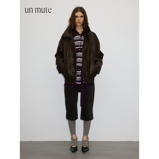 UN MUTE25FW 复古做旧手工擦色pu皮夹克翻领皮衣外套