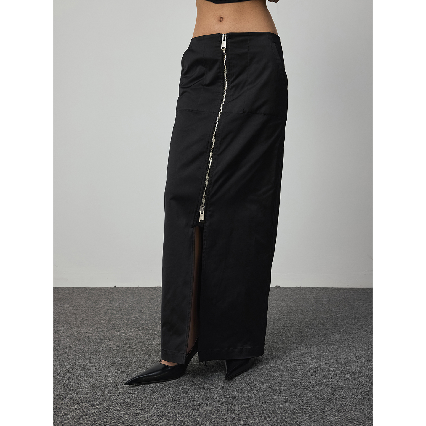 高密度色丁低腰直筒全长半身裙