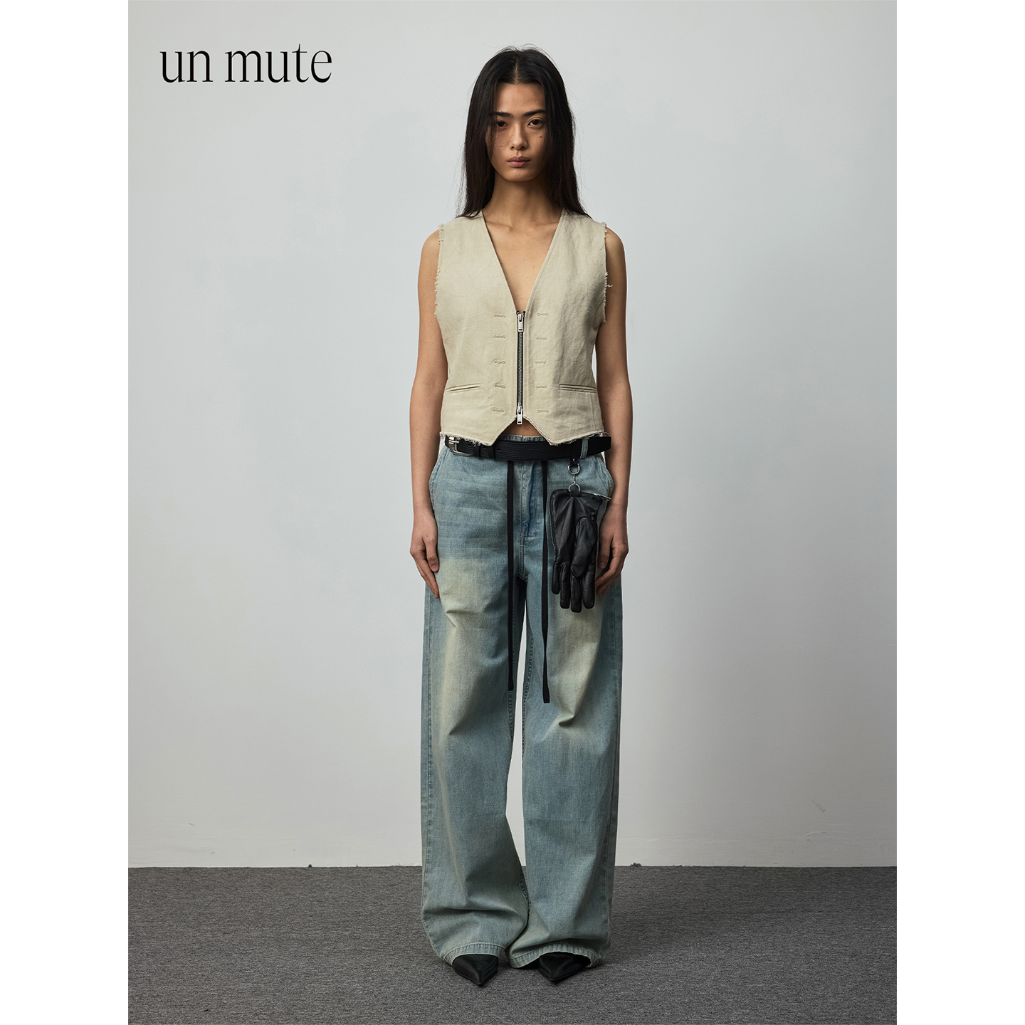 UNMUTE宽脚口宽松水洗牛仔裤