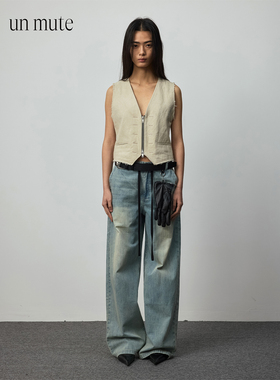 UN MUTE25SS 100棉腰部抽绳设计局部磨破宽脚口直筒水洗牛仔裤