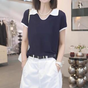 夏季 大尺码 女2025新款 藏青色Polo领短袖 宽松显瘦洋派减龄上 针织衫