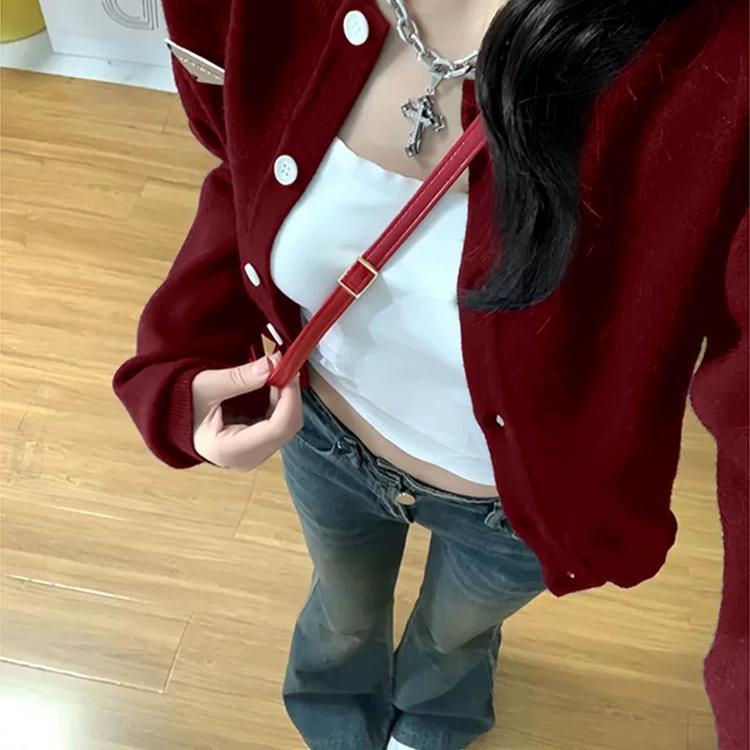酒红色针织开衫女秋冬新款毛衣外套韩系宽松bf慵懒风短款长袖上衣