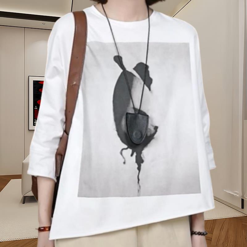宽松圆领七分袖上衣女夏季新款洋气水墨画大码小衫遮肚小个子t恤