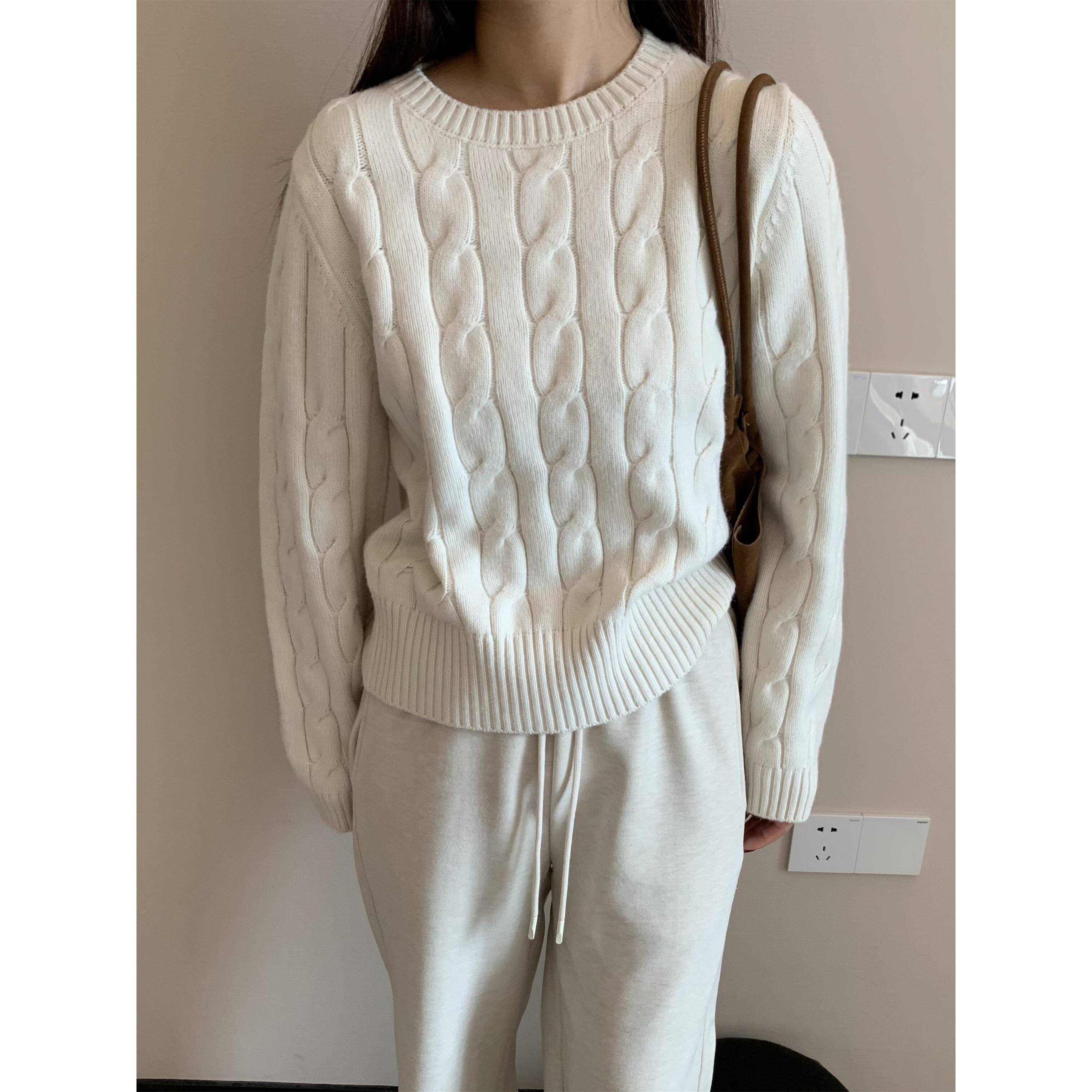 韩系慵懒风麻花毛衣女秋冬新款宽松显瘦百搭圆领针织打底衫上衣