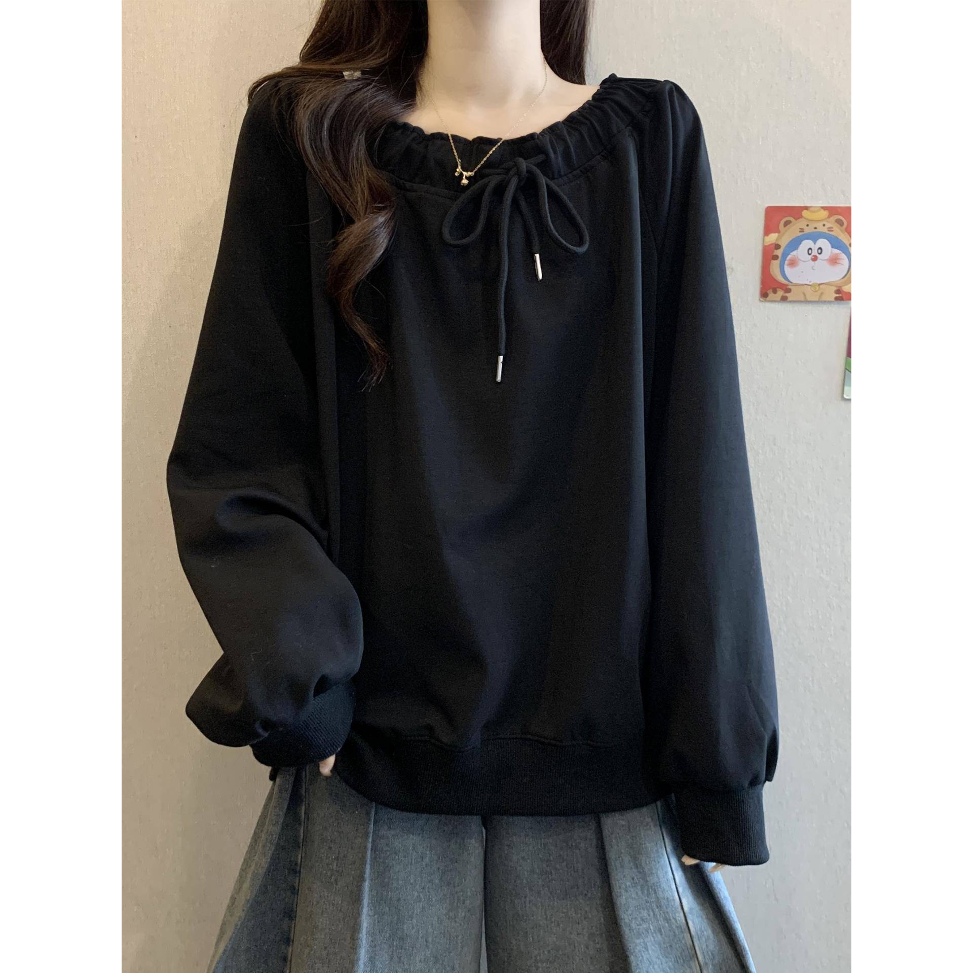 遮肚子系带褶皱长袖卫衣女秋冬微胖mm大码女装设计感宽松百搭上衣