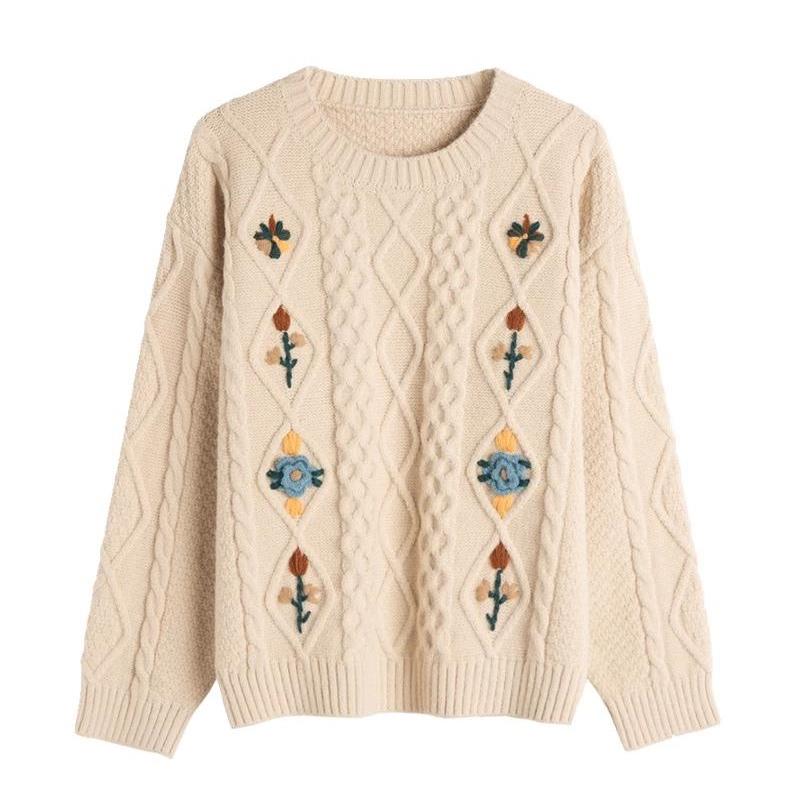 复古麻花绣毛衣女套头宽松秋冬新款高级设计感内搭圆领针织衫上衣