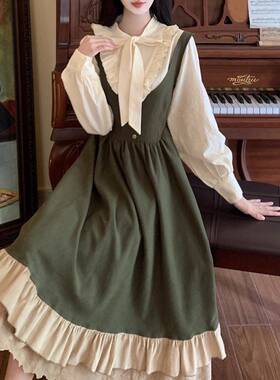 秋冬大码洛丽塔绿色公主背带裙轻lo学院风系带半高领衬衫两件套装